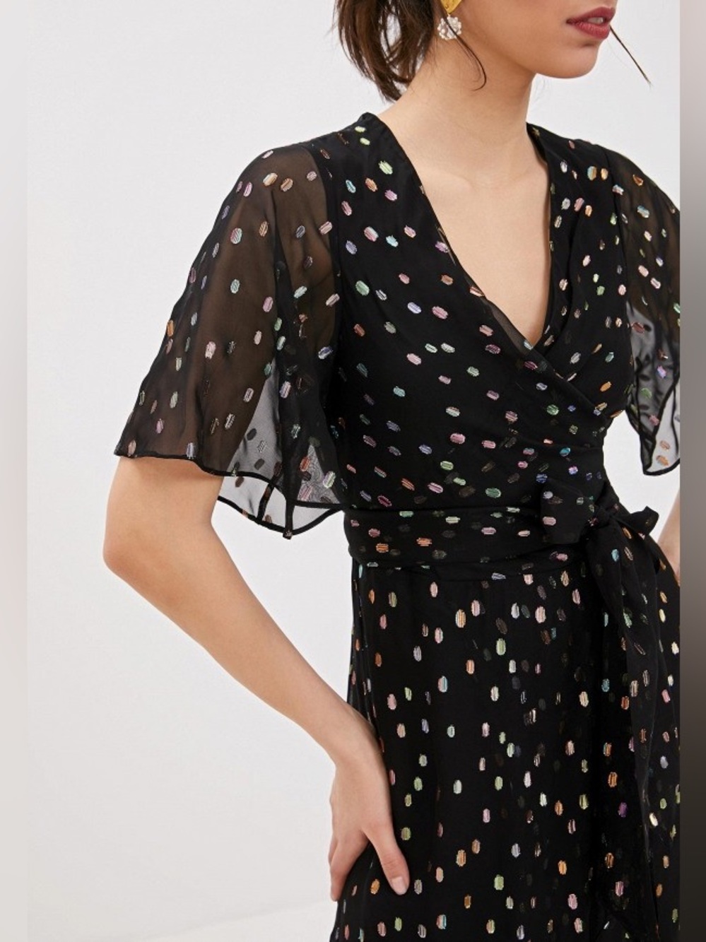 DVF Berdina Metallic Flounce Wrap Dress High Low Multicolor Dot Size 6 - Picture 4 of 16